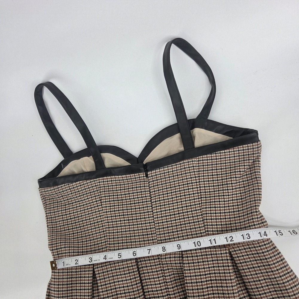 Venus Houndstooth Mini Dress S Brown Faux Leather Trim Dark Academia Preppy Edgy - Picture 7 of 8
